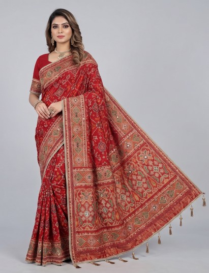 Maroon art patola silk saree with geometric embellished detailing