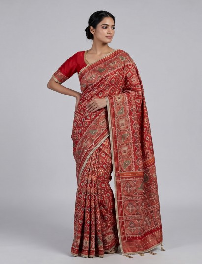 Crimson maroon art patola silk saree with rich embellishments