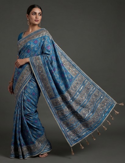 Blue art patola silk saree with ajrakh inspired woven motifs