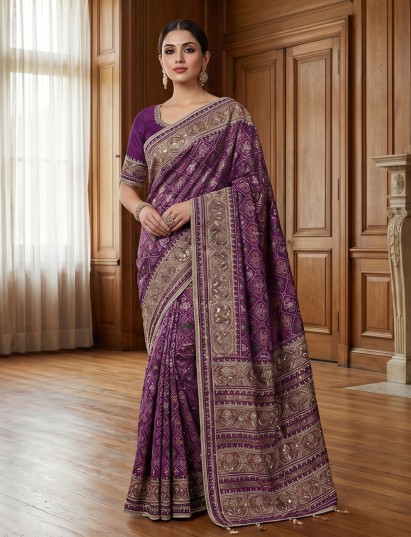 Purple art patola silk saree with ajrakh inspired intricate detailing