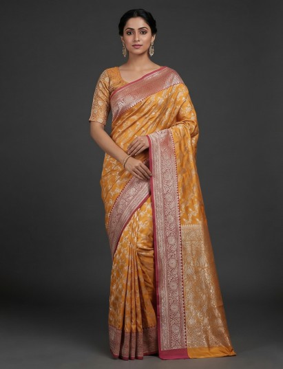 Mustard yellow banarasi silk saree with rich magenta zari border