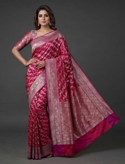 Crimson red banarasi silk saree with classic intricate zari motifs