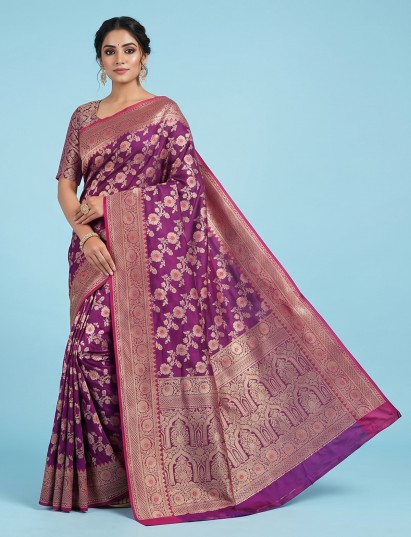 Violet banarasi silk saree with intricately woven zari border