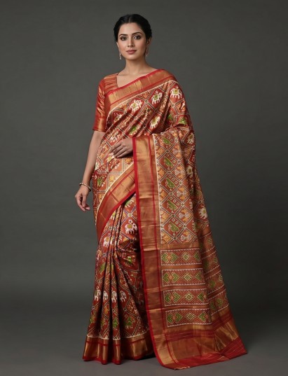 Light brown hyderabadi patola silk saree with heritage woven motifs