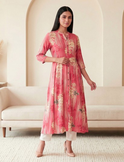 Pink silk floral print casual wear kurti design