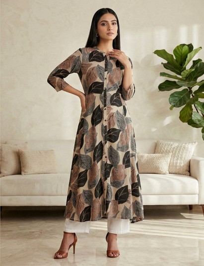 Beige silk printed stand collar casual kurti