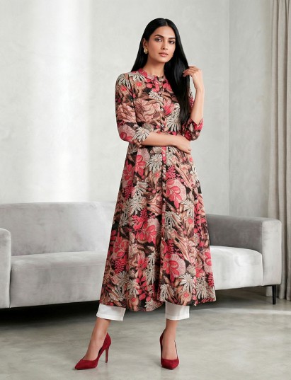 Black silk floral print casual everyday kurti