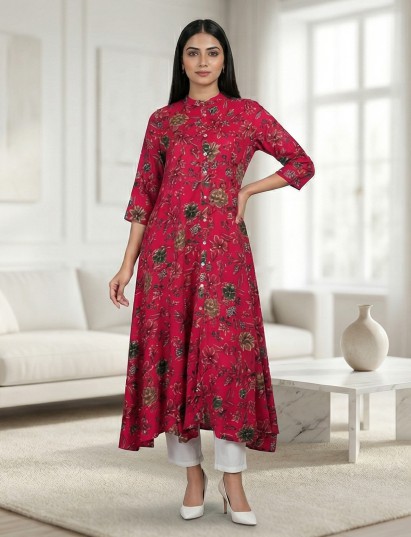 Magenta silk floral print casual kurti style