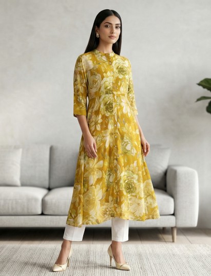Mehendi yellow silk floral print casual kurti