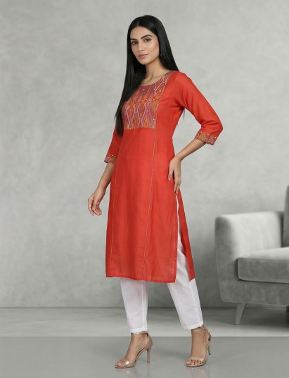 Orange cotton silk aabla work yoke style kurti