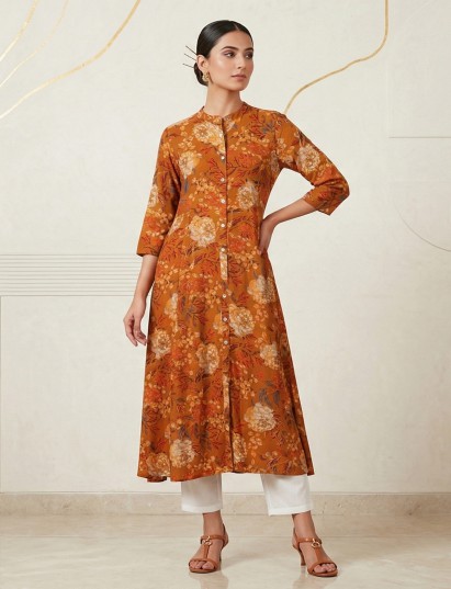 Mustard yellow cotton silk flared kurti