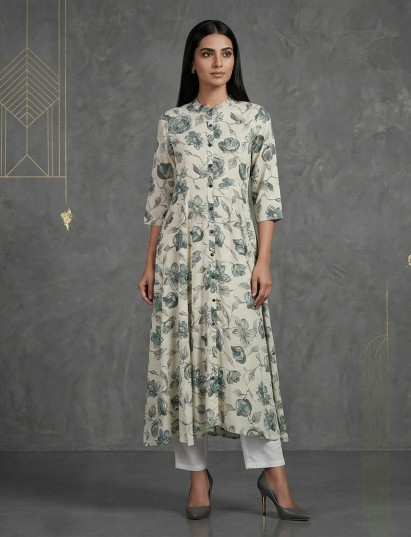 Off-white cotton silk floral kurti