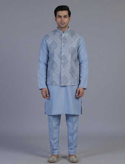 Stone blue embroidered nehru jacket style waistcoat set