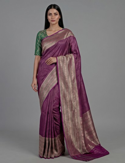 Opulent purple banarasi silk saree featuring traditional kadwa floral weave