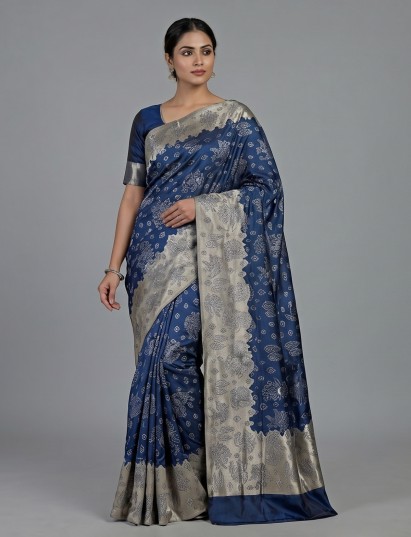 Dual tone blue banarasi silk saree enriched with luminous gold zari detailing