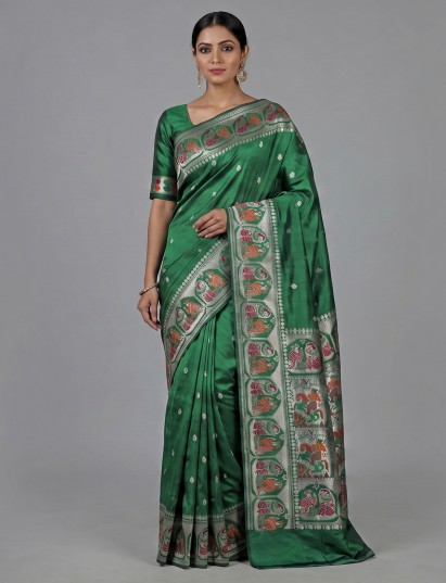 Rich emerald green banarasi silk saree with intricate meenakari woven border