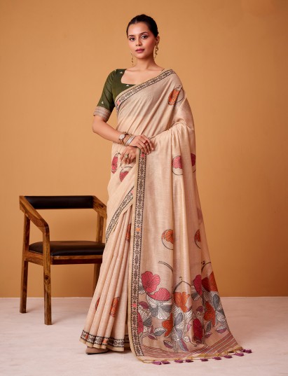 Beige floral jamdani cotton elegant festive saree