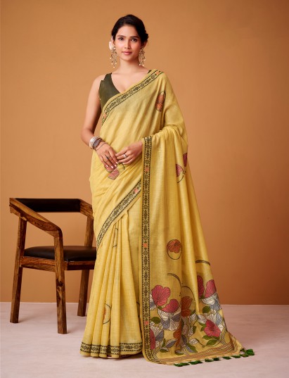 Yellow floral jamdani cotton bright festive saree