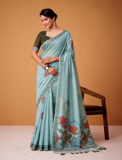 Mint blue floral jamdani cotton soft festive saree