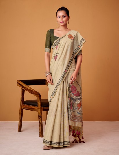Light beige floral jamdani cotton minimal festive saree
