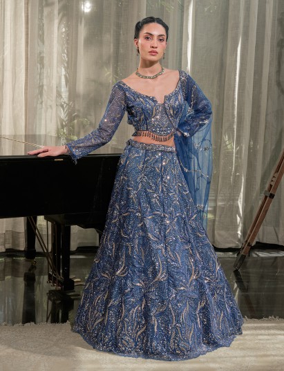 Blue net lehenga choli with ornate handwork detailing