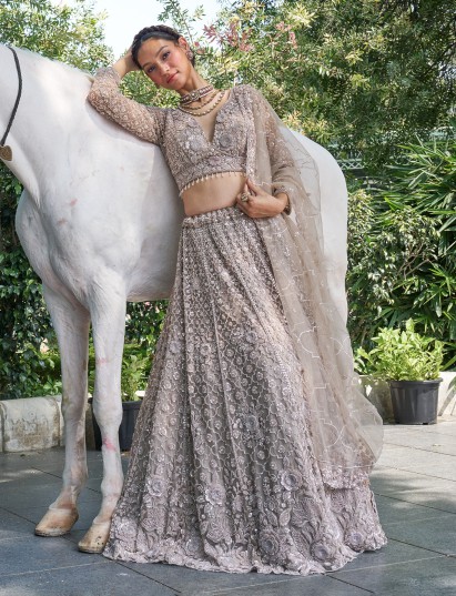 Grey net lehenga choli with intricate cutdana and sequins work