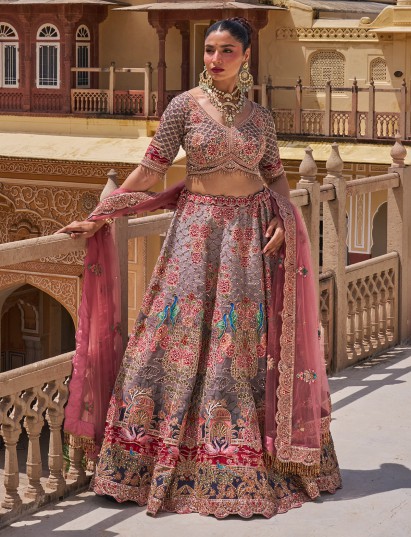 Multicolor silk lehenga choli with detailed embroidery and rich texture