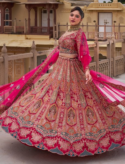 Rust orange silk lehenga choli with heavy detailing