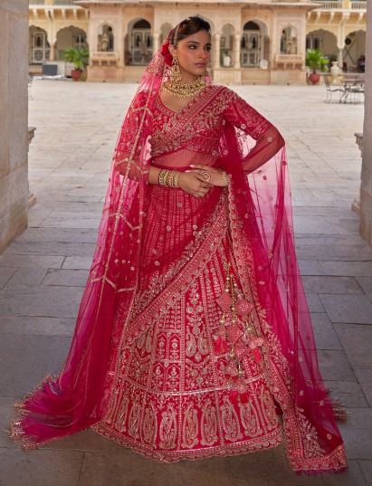 Pink silk net bridal lehenga choli with cutdana and sequin work