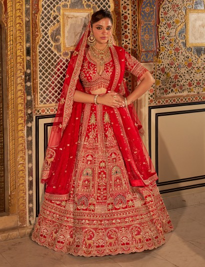 Red silk bridal lehenga choli with gold embroidery