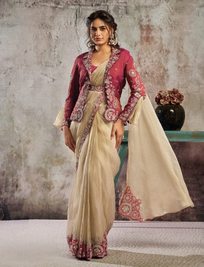 Beige crystal organza satin saree with jacket belt style