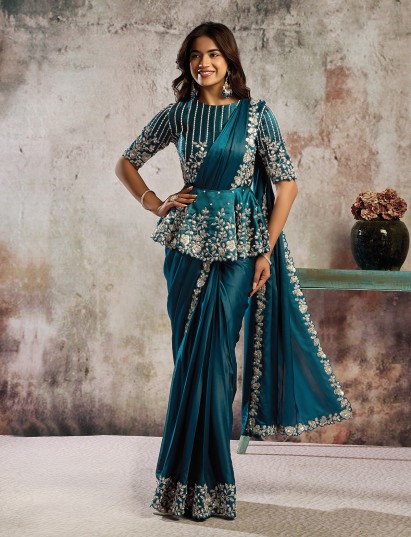 Rama green lustrous satin saree with elegant designer touch