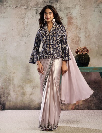 Light pink metallic satin saree with graceful designer finish