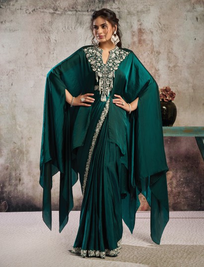 Bottle green satin saree with poncho style and belt