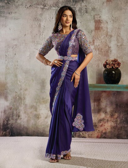 Purple lustrous satin saree with chic designer belt look