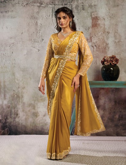 Mustard yellow satin saree with elegant designer belt style