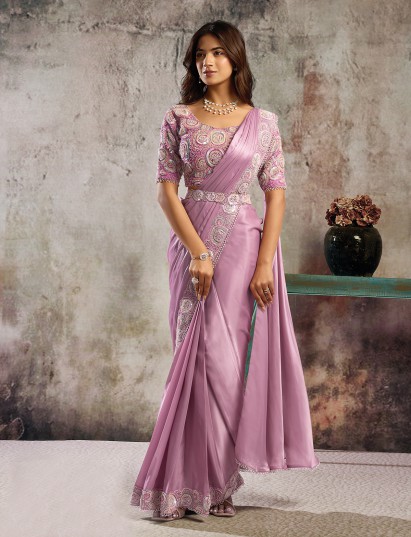 Lilac purple satin saree with graceful designer belt touch