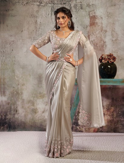 Light grey armani satin silk saree with belted elegance