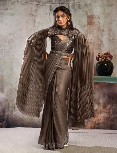 Pastel brown armani satin saree with designer belt and cap style