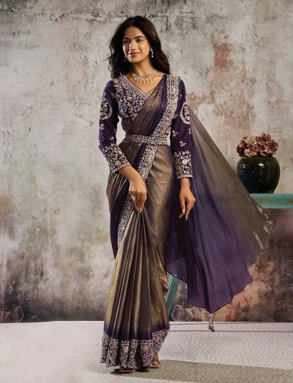 Purple metallic satin saree with stylish designer belt finish