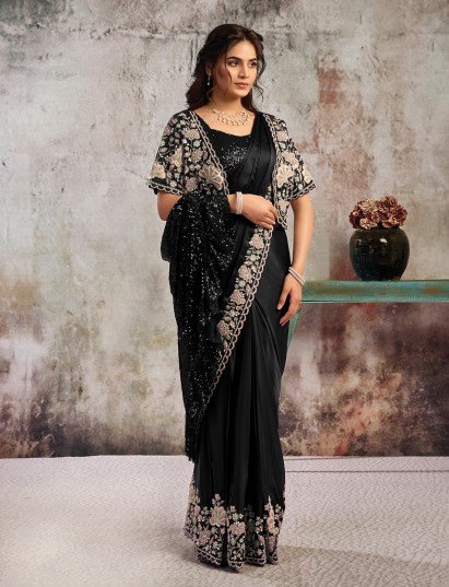 Black satin saree with jacket and statement designer belt