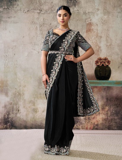 Black two tone satin silk saree with designer belt style