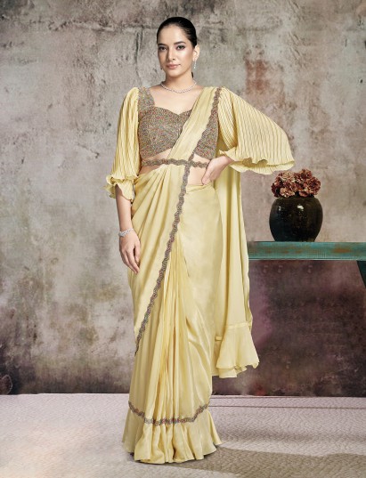 Yellow two tone satin silk saree with elegant belt design