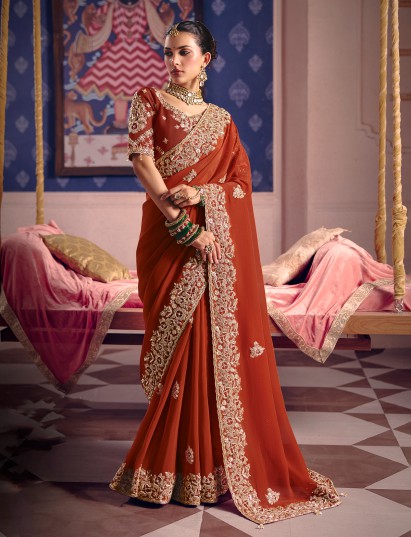 Dusty orange viscose zari tissue saree for festive celebration