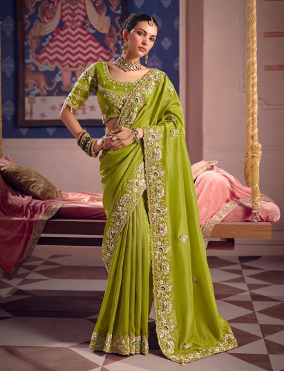 Green viscose zari tissue saree with rich rich border detailing