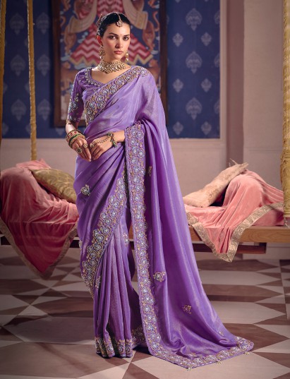 Purple viscose zari tissue saree with intricate border work