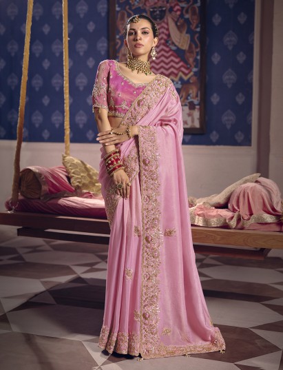 Pink viscose zari tissue saree with delicate border design