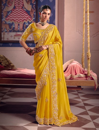 Yellow viscose zari tissue saree for festive occasion