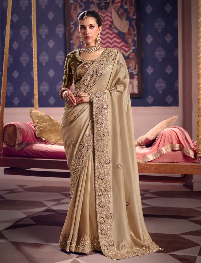 Beige viscose zari tissue saree with classic border styling