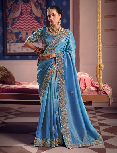 Blue viscose zari tissue saree with striking border work